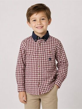 Y2K Duck Head Boys Plaid Button Down Shirt Size 6 Red Navy Check 100% Cotton
